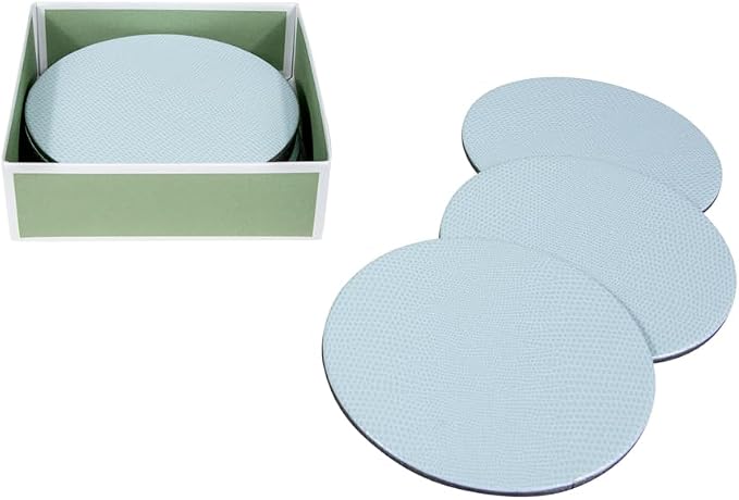 Caspari Soft Aqua Lizard Round Coasters – 4” Decorative Faux Leather Coasters - Image 4