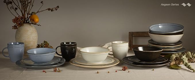 Famiware Aegean Stoneware Dinnerware Set for 4, Plates and Bowls Sets, 12-Piece Scratch-Resistant Dinner Plate Set, Handmade Irregular Round Dishes - Microwave and Dishwasher Safe, Blue Grey