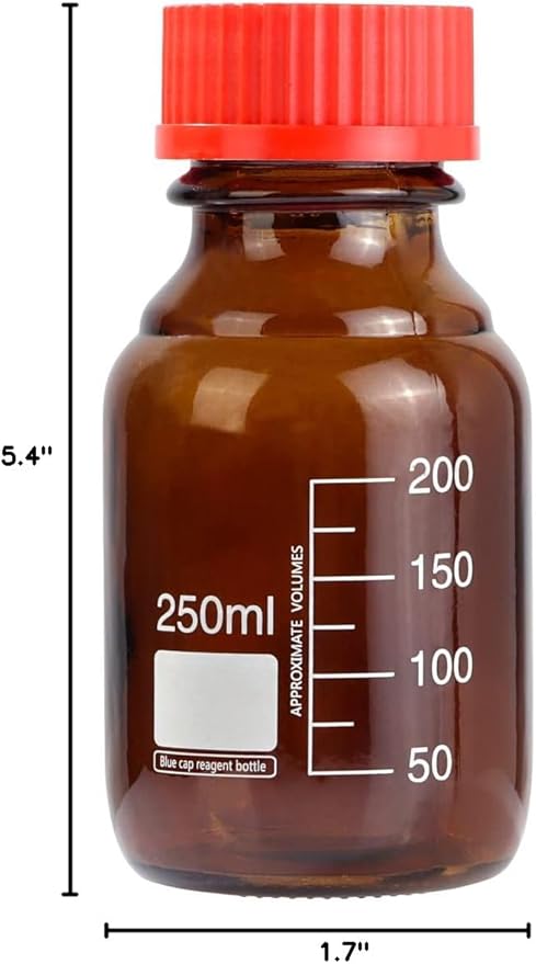 10 Pieces Amber Glass 250 mL Graduated Round Lab Reagent Media/Storage Bottle With GL45 Red Screw Cap