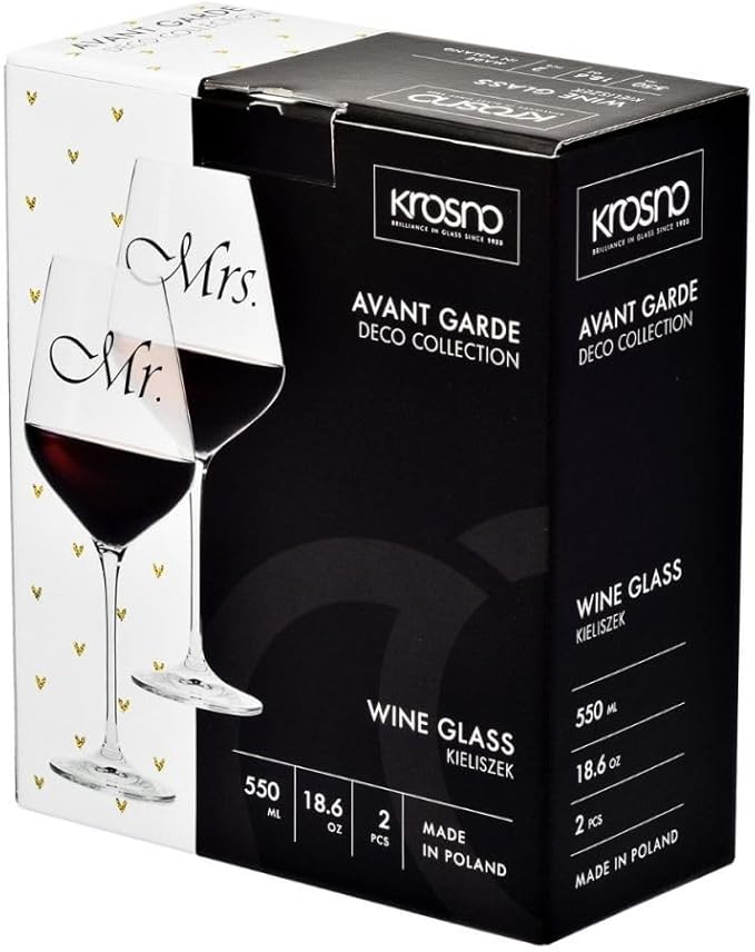 Krosno Mr & Mrs Wine Glasses, Set of 2, 18.6 oz, Avant-Garde Collection, Crystal Glass, Ideal Wedding Gift, Dishwasher Safe, Made in Europe