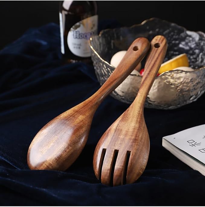 Wooden Salad Servers, 10.2" Acacia Wood Salad Fork & Spoon - Image 9