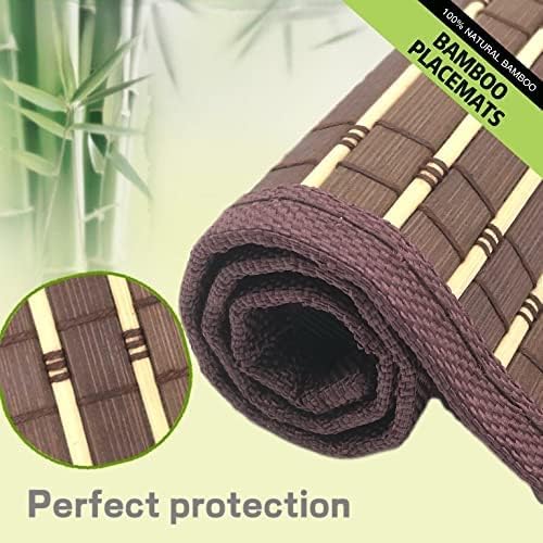 ANDSTAR Set of 8 Pcs Bamboo Placemats with Fabric Border Sushi Rolling Mat Japanese Style Natural Anti-Slip Bamboo Placemats Washable Heat-Resistant Table Mats for Dining Room and Kitchen(Brown)