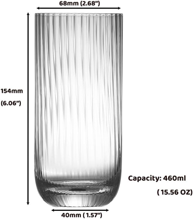 Collins Glasses Set of 6,Highball Glass Set, 15.3 oz, Clear Ribbed Design for Water, Cocktails, Mojito