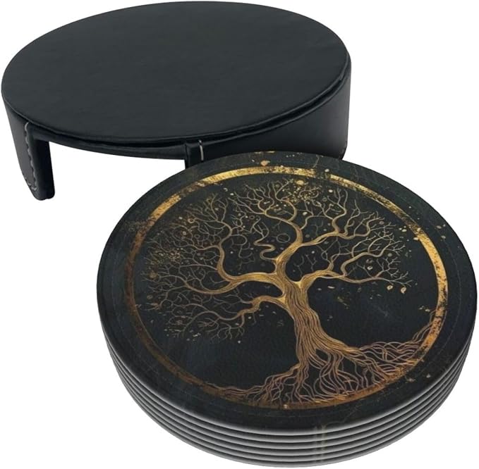 Drink Coasters with Holder Stand Set of 6, Marble Gold Tree of Life Pu Leather - Image 9