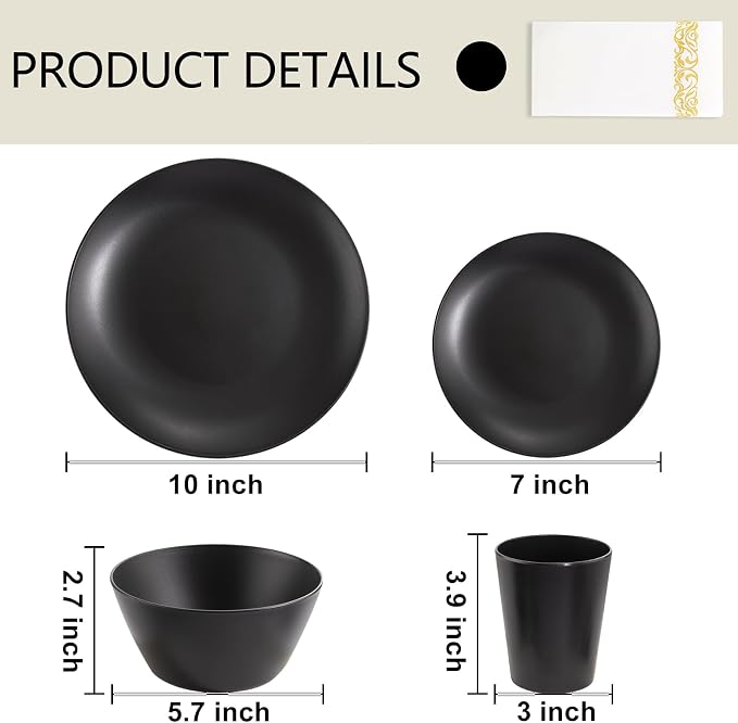 32pc Reusable Black Wheat Straw Dinnerware Sets Black Dishes - Image 9
