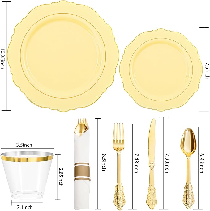 Liacere 350PCS Yellow Plates - Yellow Disposable Plastic Plates With Gold Rim-50Guest Plastic Dinnerware include 100 Plates,50 Pack Pre Rolled Napkins with Silverware 50Cups for Wedding&Easter Day