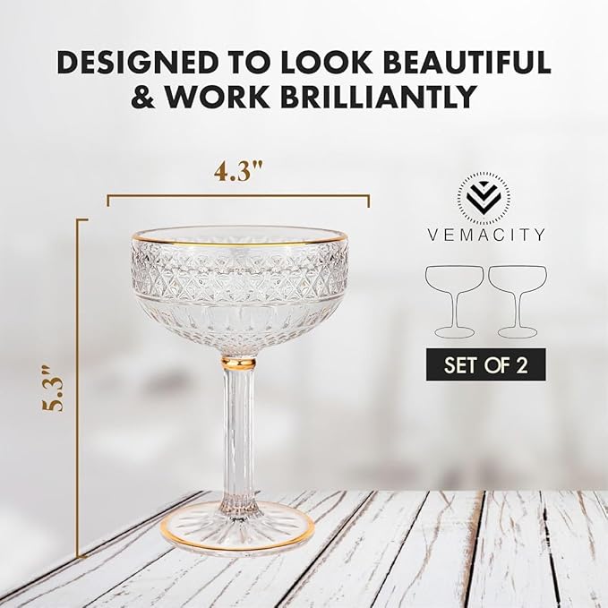 VEMACITY - Embossed Espresso Martini Glasses Set of 2 - Gold Rim Coupe Glasses - Image 8
