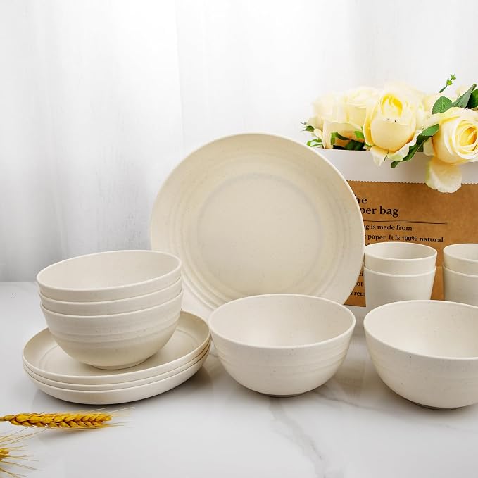 Rubtlamp 24 Pcs Wheat Straw Dinnerware Sets, Unbreakable Reusable Plastic Wheat - Image 6