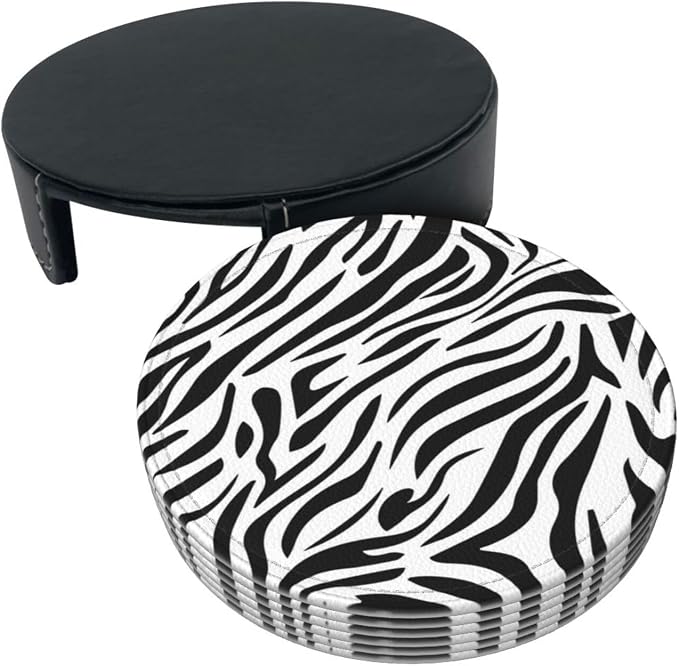 Drink Coasters with Holder Stand Set of 6, Zebra Stripes Print Pu Leather - Image 9