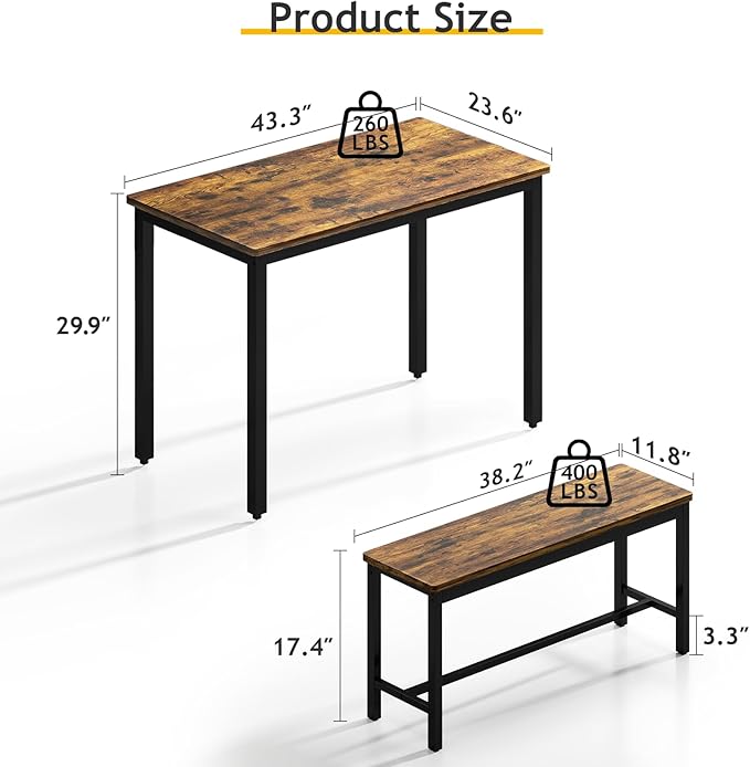 Rovibek 43" Dining Table Set for 4, Modern Space Saving Kitchen Breakfast Table with Benches & Adjustable Feet, Wooden Industrial Style Farmhouse, Wood Tone