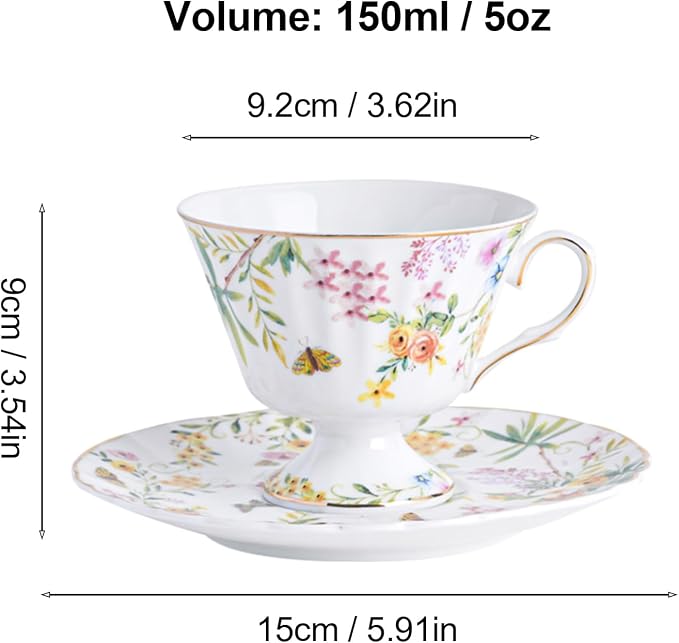 fanquare 5 oz Yellow Spring Floral Porcelain Tea Cup and Saucer | Wildflowers - Image 6