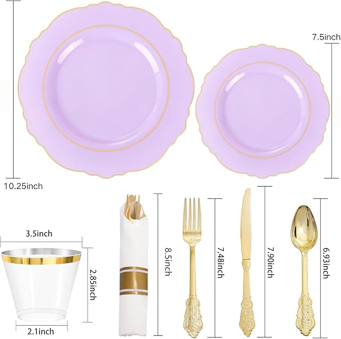 Liacere 350PCS Purple Plastic Plates - Disposable Lavender Plates 50guest Plastic Dinnerware include 100Light purple Plates,50Pack Pre Rolled Napkins Silverware 50Cups for Valentine’s Day&Easter Day
