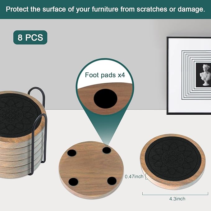 Wood Coasters for Drinks Set of 8, Minacun Absorbent Coaster, Drinks Coasters - Image 6