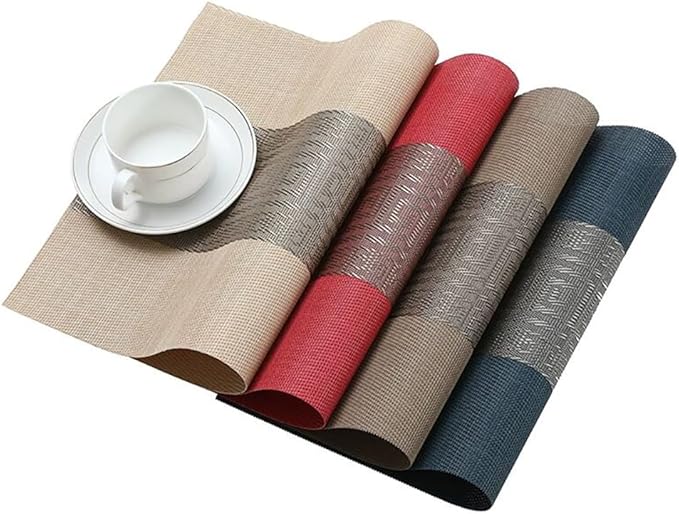 FAVE Placemats Set of 6 Indigo Blue Woven with Gray Placemats Durable and Wipeable Vinyl Placemat Set of 6 for Wedding, Banquet, Birthday, Party, Restaurant Decorations(Indigo Blue)