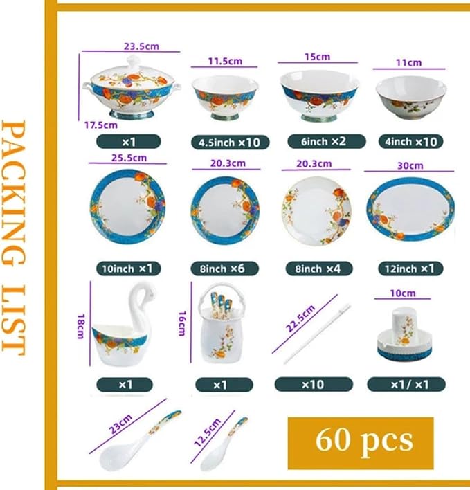 60 Pieces of 10-12 People Bone China Bowl and Plate Dinnerware Set Pomegranate - Image 9