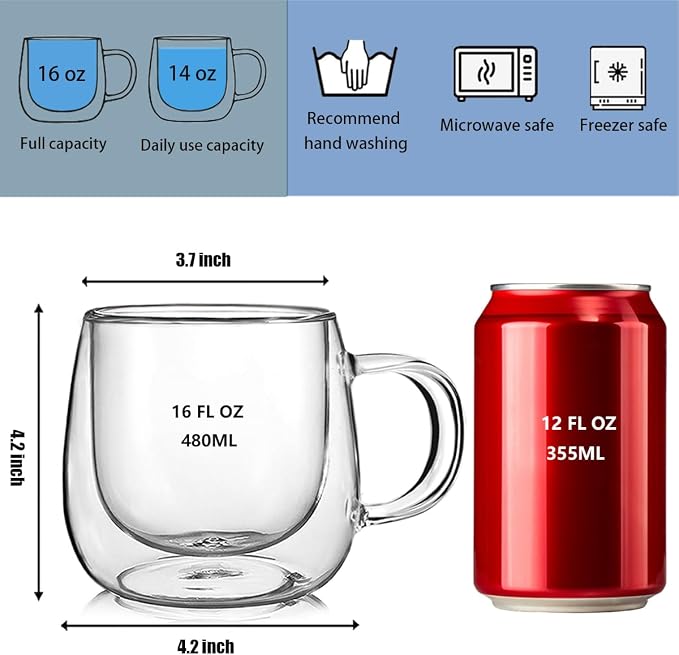 Double Wall Glass Coffee Mugs 16oz Set of 2 Insulated Clear Tea Cups - Image 7