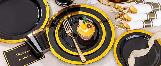 YOUBET 350PCS Black and Gold Plastic Plates - Image 9