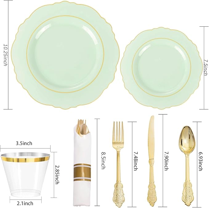 Liacere 350PCS Light Green Plates - Disposable Green and Gold Plastic Plates 50guest Baroque Dinnerware include 100Plates,50Pack Pre Rolled Napkins with Silverware 50Cups for Wedding & Easter Day