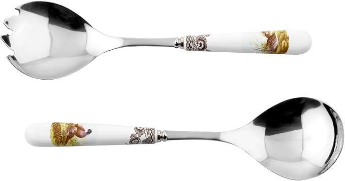 Spode Woodland Salad Servers – 10 Inch Porcelain & Steel Set Featuring Pheasant by Spode