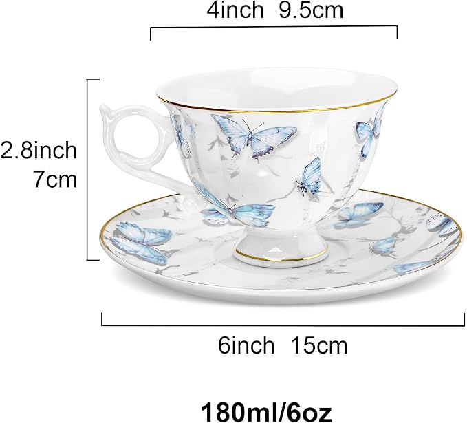 fanquare 6oz British Blue Butterflies Porcelain Tea Cup and Saucer Set of 6 | - Image 6