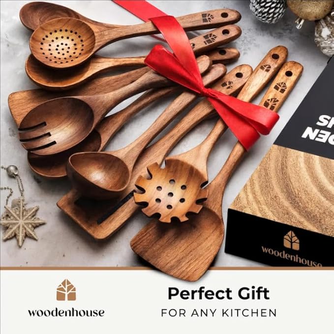 Wooden Spoons for Cooking – 10 Pc Teak Wood Utensil Set, Durable, Nonstick Safe & Heat Resistant with Ergonomic Handles