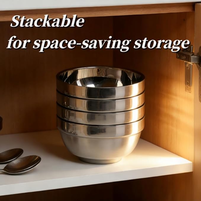 10pcs stainless Steel Bowls Set,5.1Inches Double Walled Insulated Large Serving Rice Cereal Salad noodle Bowl , Unbreakable Deep Bowl, for kitchen Restaurant Dishwasher Safe