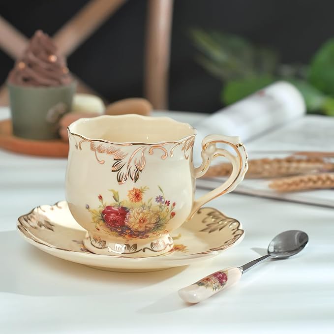 YOLIFE Tea Cup and Saucer Set, 8 OZ Flowering Shrubs Tea Cup Set | Ivory - Image 7