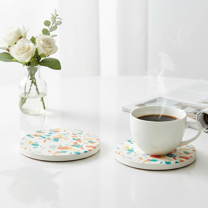Terrazzo Coasters Set of 6, Colorful Boho Absorbent Ceramic Coasters | Speckled - Image 12