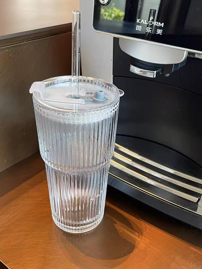 20oz Ribbed Glass Tumbler with Straw & Lid – 2 Pack Iced Coffee Cups, Glass Mug - Image 4