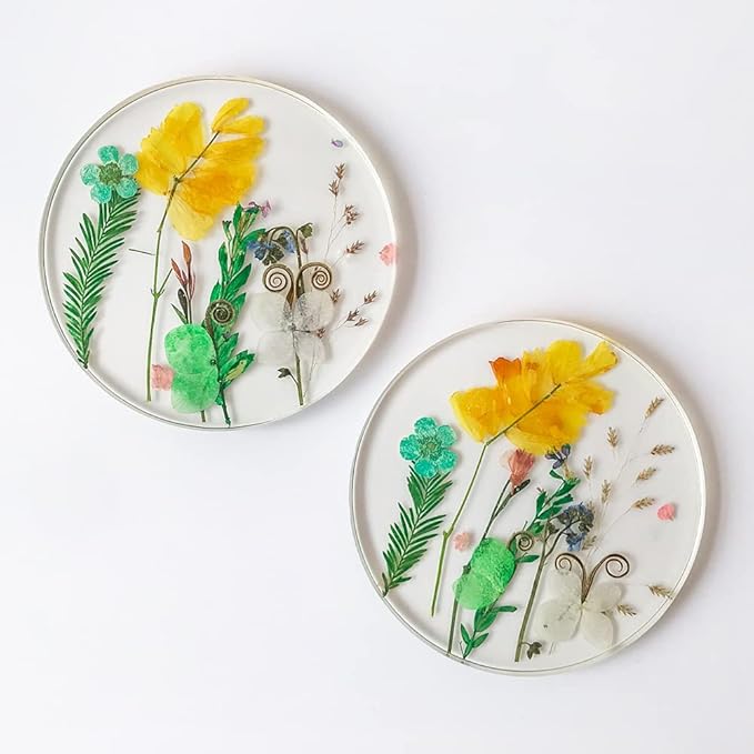 Floral Coasters for Drinks: Handmade Resin Coasters Tabletop Protection Cup Mat Round Coaster Set with Real Flower for Women Coffee Table Home Decor (Set of 6)