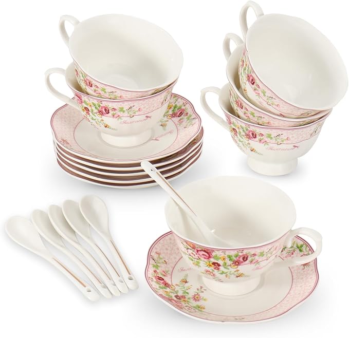 Cup and Saucer Sets of 6 with Spoon, 8oz Ceramic Tea Cups Saucers Set Porcelain - Image 7