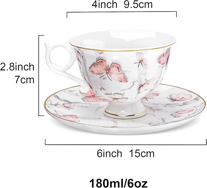 fanquare 6oz Pink Butterflies Porcelain Tea Cups and Saucers Set of 6 | Elegant - Image 6
