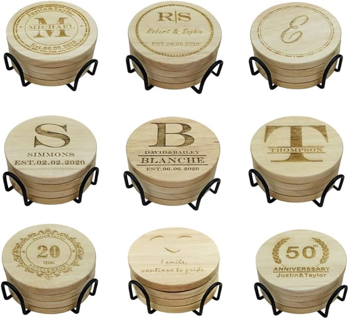 Personalized Wooden Coasters, Custom Engraved Monogram Coasters, Great Gifts for Relatives, Friends or Yourself (Set of 4)
