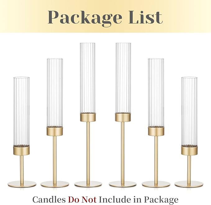 Hewory Gold Hurricane Candle Holders: Brass Candlestick Holders Set of 6 Tall Taper Candle Holders for Candlesticks Candle Sticks Holder Decor for Table Centerpiece Wedding Party Christmas Decorations