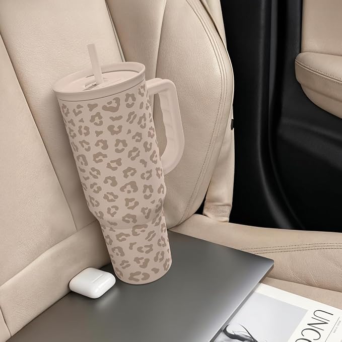 SANDJEST Leopard Tumbler with Handle, Insulated Cup Stainless Steel Travel Mug - Image 8