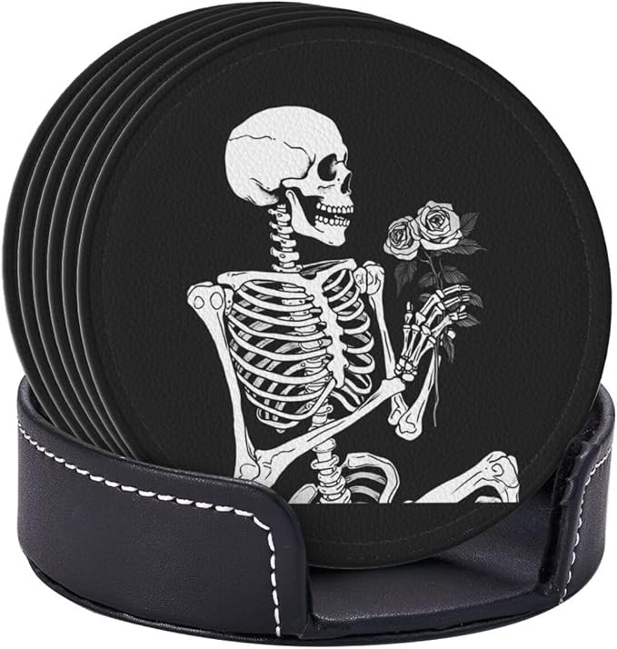 Roses Skeleton Skull Rock and Roll Leather Coasters Set of 6 - Image 9
