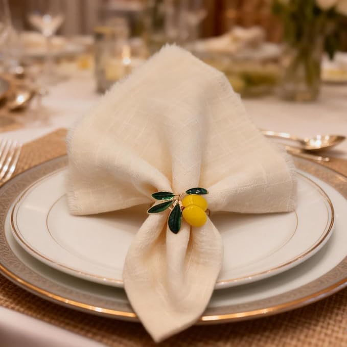 Lemon Napkin Rings Set of 12, Cheerful Gold Napkin Ring Tropical Fruit - Image 7