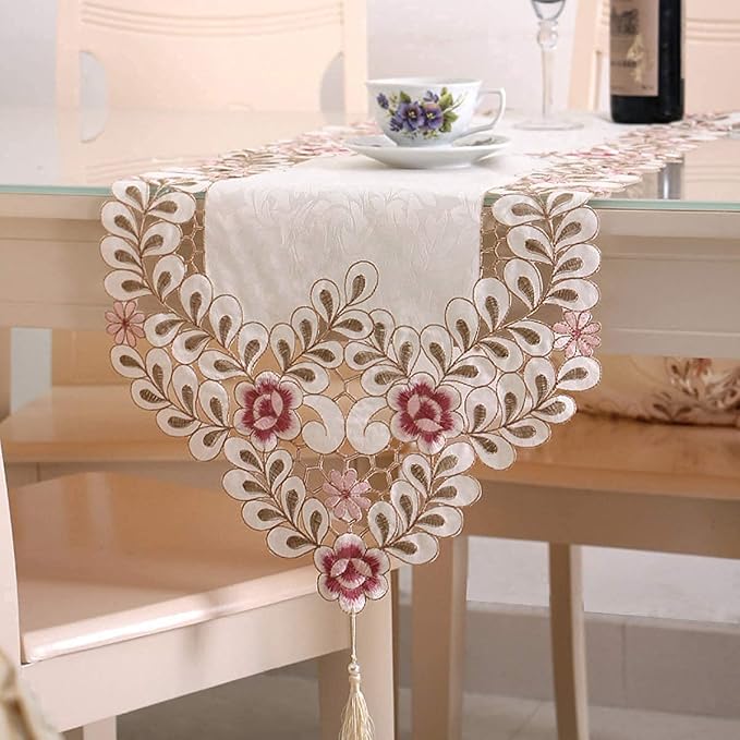 Classic Flowers Dining Table Runner Embroidery Tassel Floral Lace Table Runners - Image 9