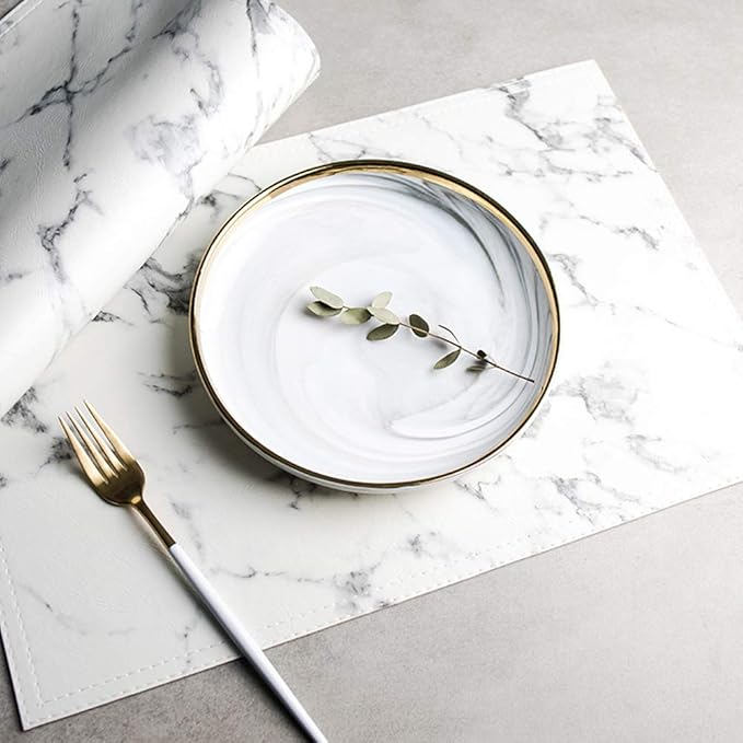 Marble Leather Placemats for Dining Table Waterproof Set of 4 Marble Decor for Kitchen Table Easy to Clean PU Place Mats for Dinning,Office (Marble(White))