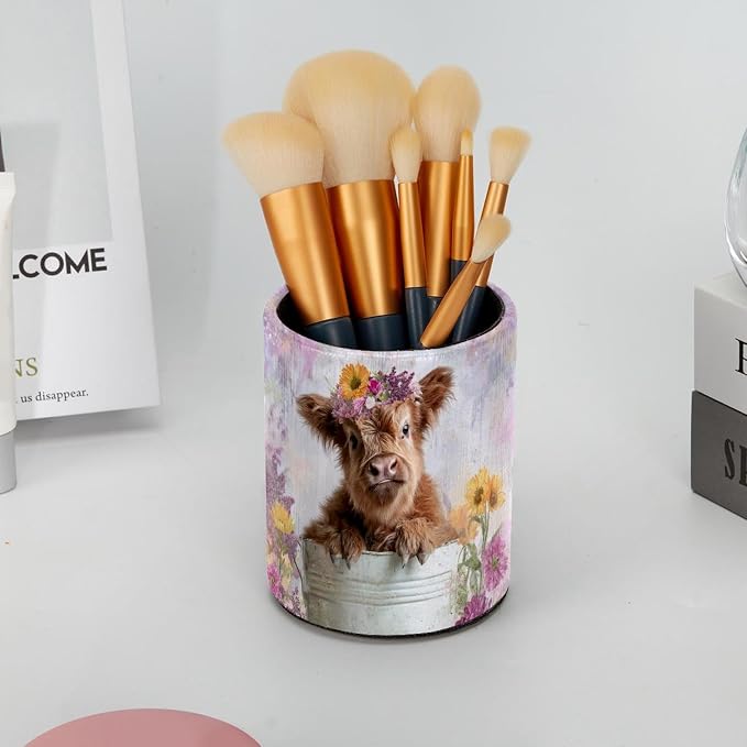Leather Pen Holder for Desk, Highland Cow Purple Flower Pencil Cup Pen - Image 6