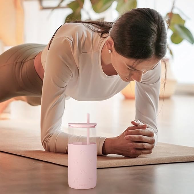 SANDJEST Glass Tumbler with Straw and Lid, Bow Glass Water Bottle with Silicone - Image 7