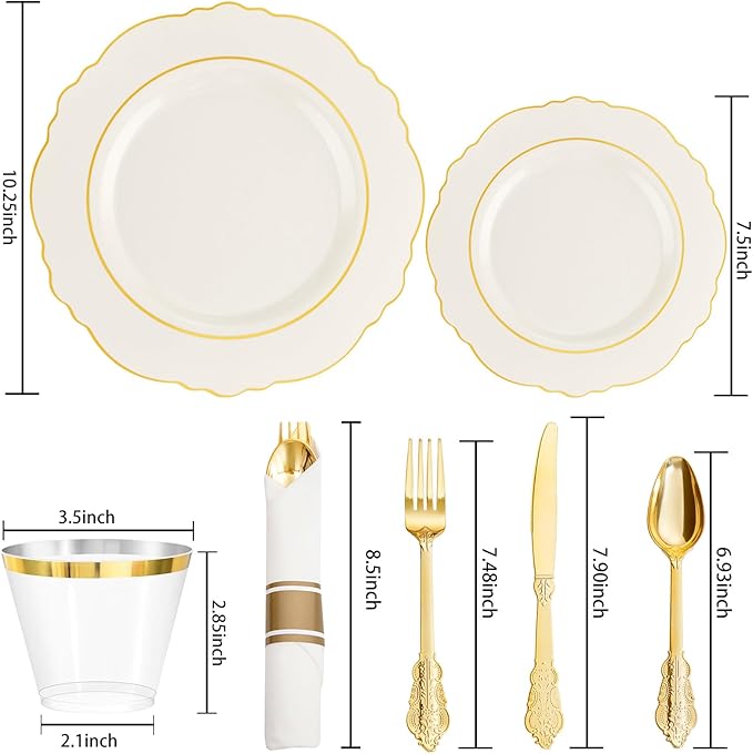 Liacere 350PCS Ivory Plastic Plates - Cream Disposable Plates With Gold Rim - 50Guest Baroque Plastic Dinnerware include 100 Plates - 50 Pack Pre Rolled Napkins Silverware 50Cups for Wedding&Easter
