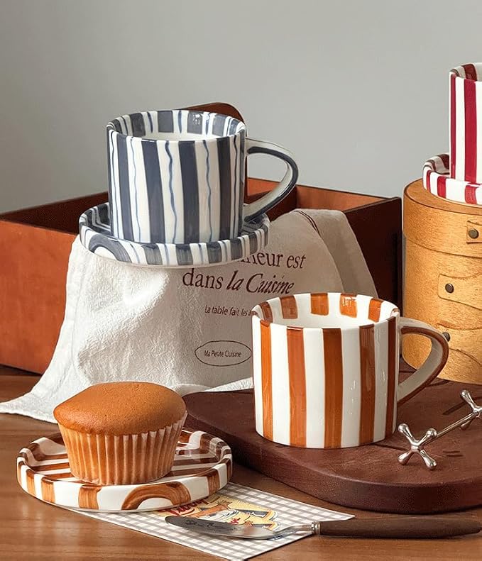 Cup and Saucer Set Hand-Painted Red Stripes, 8 Oz Ceramic Coffee Mug, Espresso - Image 9