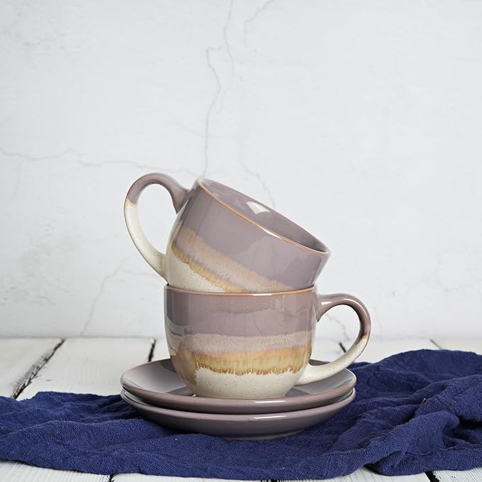 Bosmarlin Ceramic Cappuccino Cup and Saucer Set of 2, 10 Oz, Coffee Cups - Image 6