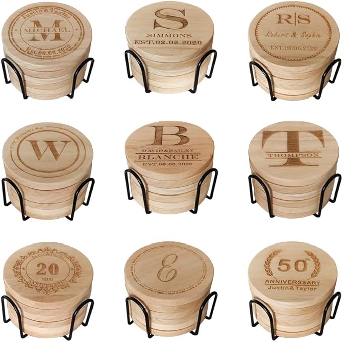 Personalized Monogram Coasters, Custom Engraved - Wooden Drink Coasters, Set of 6 - Great Gifts