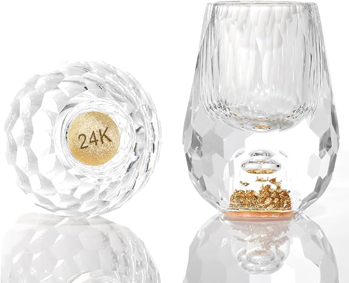 SIYOUKI Crystal Shot Glasses 0.5oz Set ,Decorated With 24K Gold Leaf Flakes, Lead-Free,Handmade Set Suitable For MaoTai,Spirits,Drinks Tastin, Gift-Box Packaging (Diamond-2PCS)