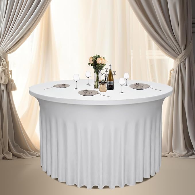 2 Pack 48" Diameter x 30" Height White Table Skirt | Fits 4FT Round Tables |Polyester Spandex Round Table Cloths with Skirt|Stain ăWrinkle Resistantă for Wedding,Party,Dining,Banquet