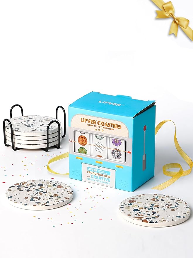 LIFVER Coasters Set of 6, Terrazzo Style Ceramic Drink Coasters - Image 7