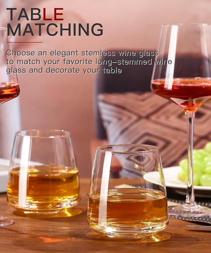 Stemless Wine Glasses Set of 6-15oz【Hand-Blown】 Durable Red White Wine Glasses,Unique Crystal Gifts for Him/Her for Wedding, Birthday,Engagement,Valentine's Day