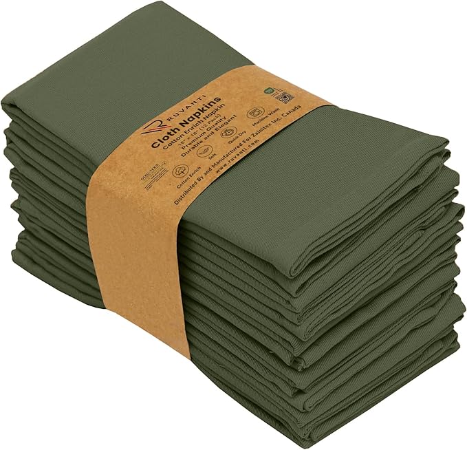 Ruvanti Cloth Napkins set of 12, 18x18 Inches Napkins Cloth Washable, Soft, Durable, Absorbent, Cotton Blend. Table Dinner Napkins Cloth for Hotel, Lunch, Restaurant, Weddings, Parties - Martini Olive
